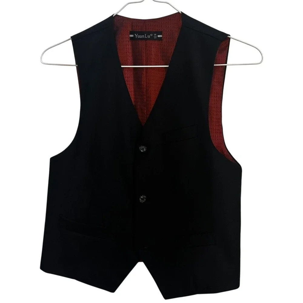 Yuan Lu Boys Black Formal Dress Suit Vest Lining Red Diamond‎ Sz 12 with Bow Tie
